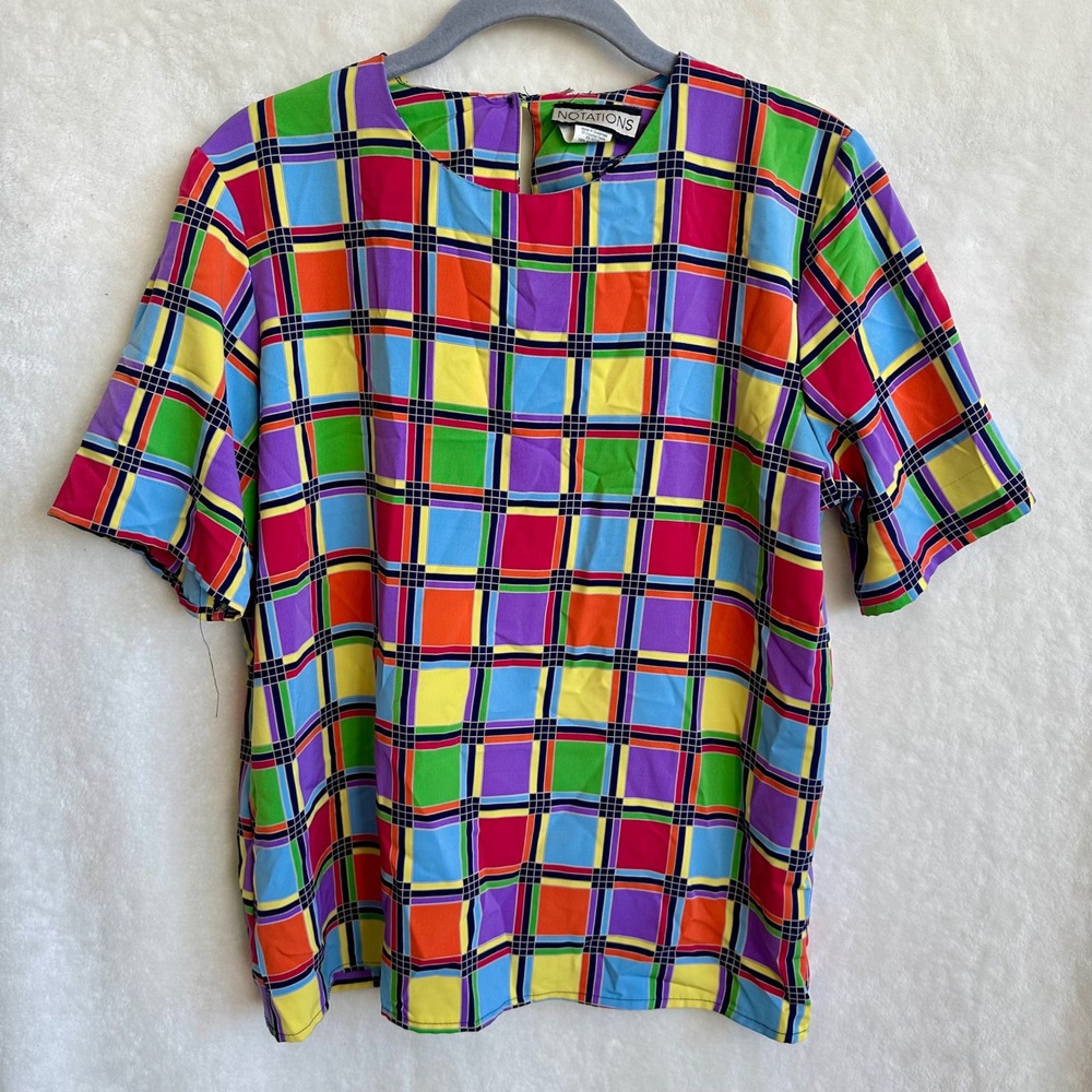 Notations Vintage Geometric Bright Short Sleeve Blouse Shell Top Size Small